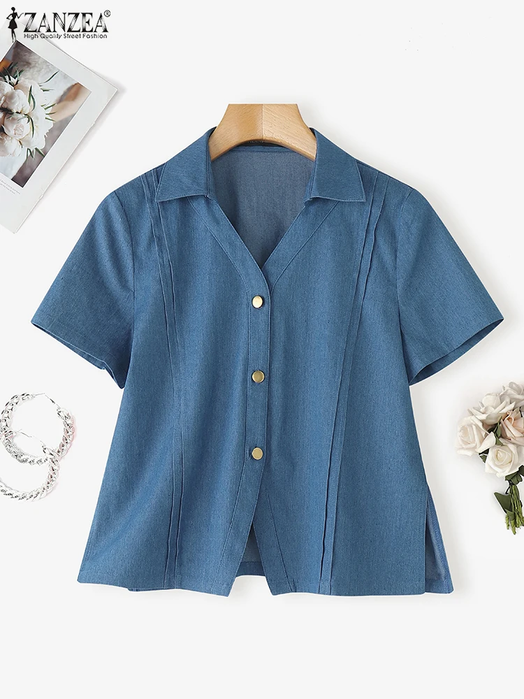 2023 sommer Elegante Kurzarm Shirts ZANZEA Frauen Solide Arbeit OL Bluse Casual Revers Neck Tunika Tops Mode Urlaub Blusas