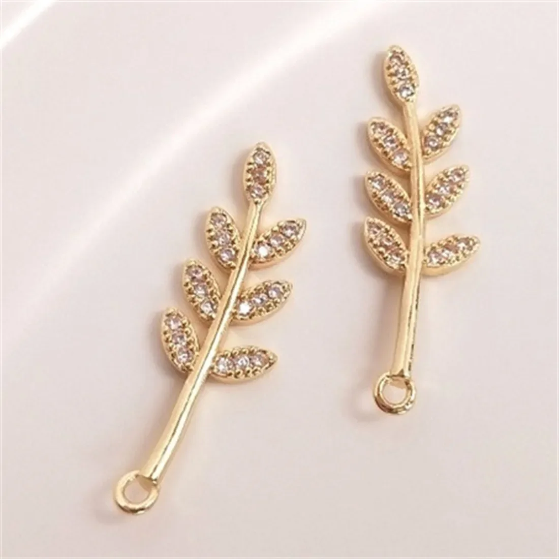 Copper Package 14K Real Gold Micro Inlaid Zircon Leaf Branch Pendant Handmade DIY Charm Necklace Earrings Jewelry Charm E020