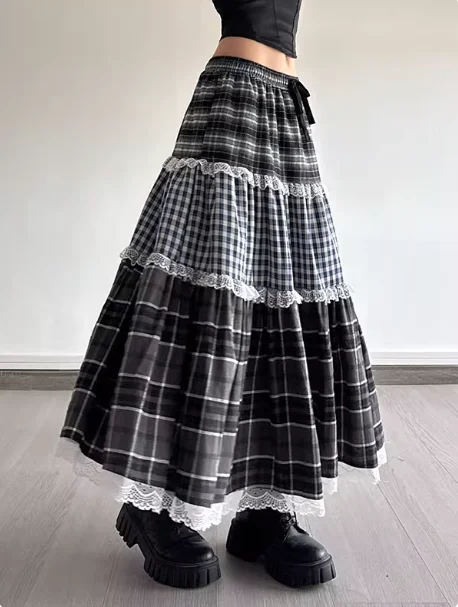 

Винтажная клетчатая юбка Harajuku с кружевной отделкой трапециевидной формы для женщин, женские длинные юбки, тонкие, кавайные, серые, юбки с эластичной резинкой на талии, новинка