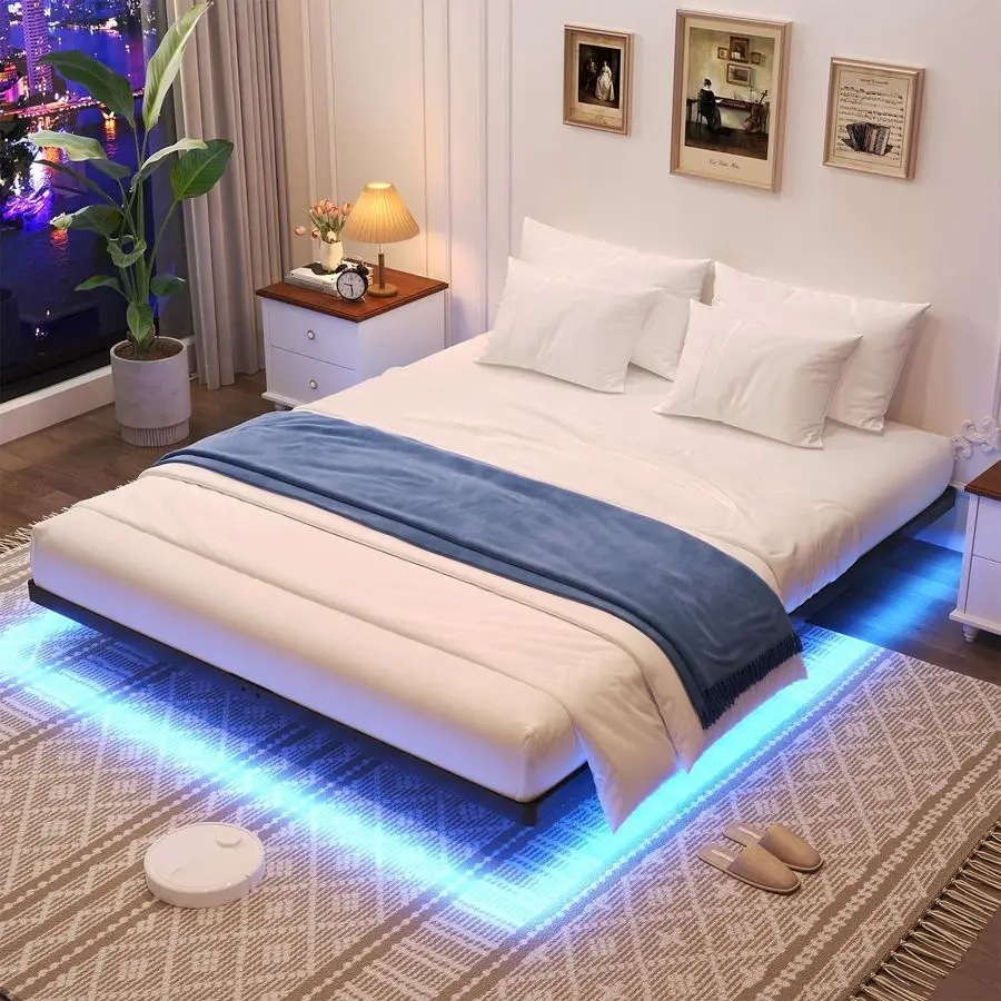 

Каркас кровати размера Full, каркас кровати Full с умной LED-подсветкой, прочная современная металлическая кровать-платформа, не требует пружинного блока, простая сборка