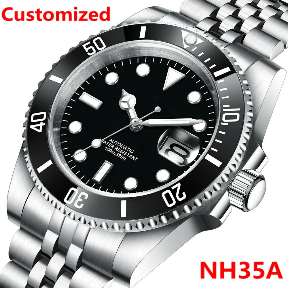 DIY Logo 40MM Duikhorloge NH35 Automatisch Horloge 10Bar Waterdicht Lichtgevende Saffier Keramische bezel jurk Horloges Mannen Reloj