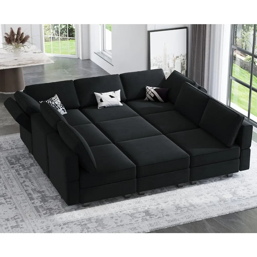 Modular Sectional Sofa with Ottomans Velvet Reversible Sleeper Chaise Bed Storage Seat Black