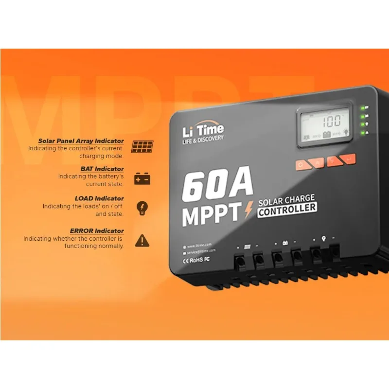 Bluetooth Function 60A MPPT Die-cast Aluminum Solar Charge Controller10.03 Lbs 97% Conversion Efficiency Charge Controlleres