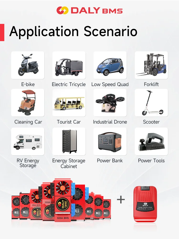 DALY Smart Lifepo4 BMS 3S 4S 8S 10S 12S 13S 16S 24S 12V 24V 36V 48V BMS con BT y módulo paralelo 1A para paquetes de baterías 18650