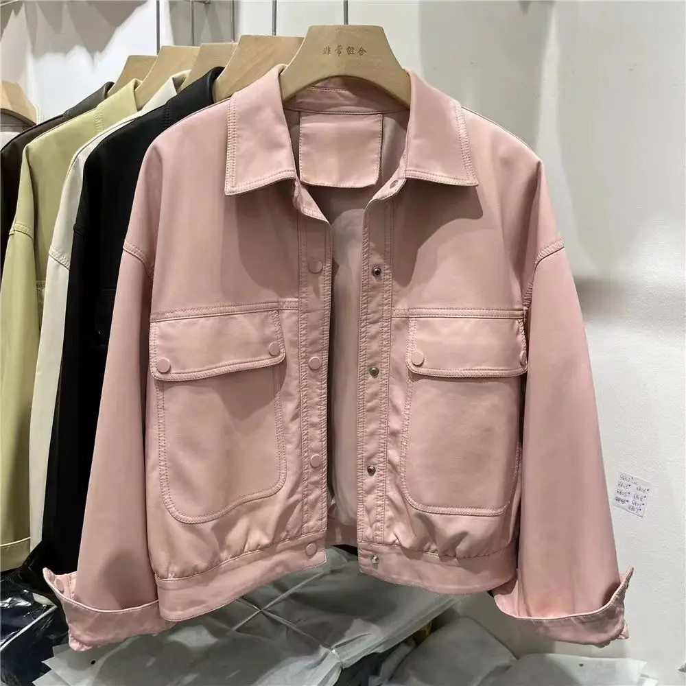 Chaquetas de cuero de viento para mujer, abrigo de cuero PU, chaqueta para mujer, prendas de vestir exteriores con bolsillos grandes, Tops informales de Color sólido 2024