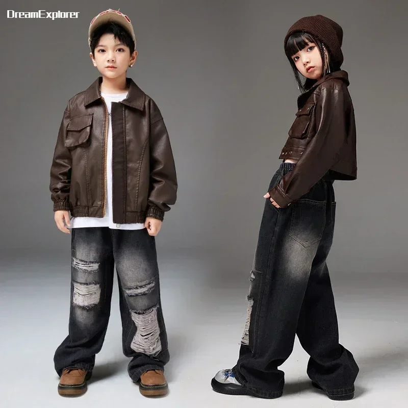 Girls Hip Hop Cropped Leather Motorcycle Jacket Ripped Jeans Boys Street Dance PU Coat Child Streetwear Kids Jazz Clothes Sets