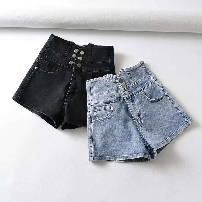 

Summer 202 Women's High Waist Hollow out Elastic Denim orts Double Button Ba Cross Design Two Colors Wide Leg Jeans orts