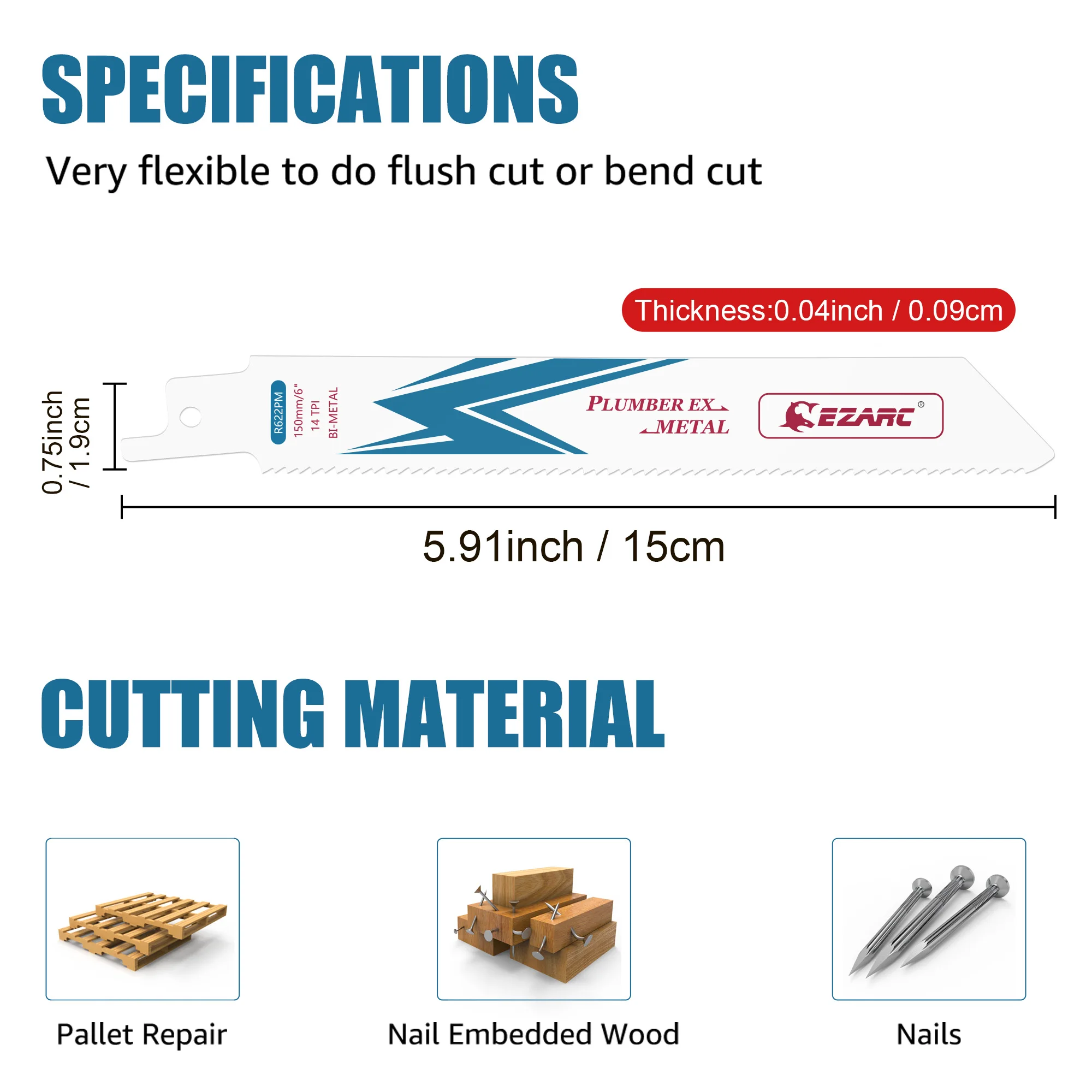 5 Stück 6-Zoll-Säbelsägeblätter 14TPI R622PM Bimetall-Kobalt-Säbelsägeblätter zum Metallschneiden 150 mm Schnitte Handwerkzeuge