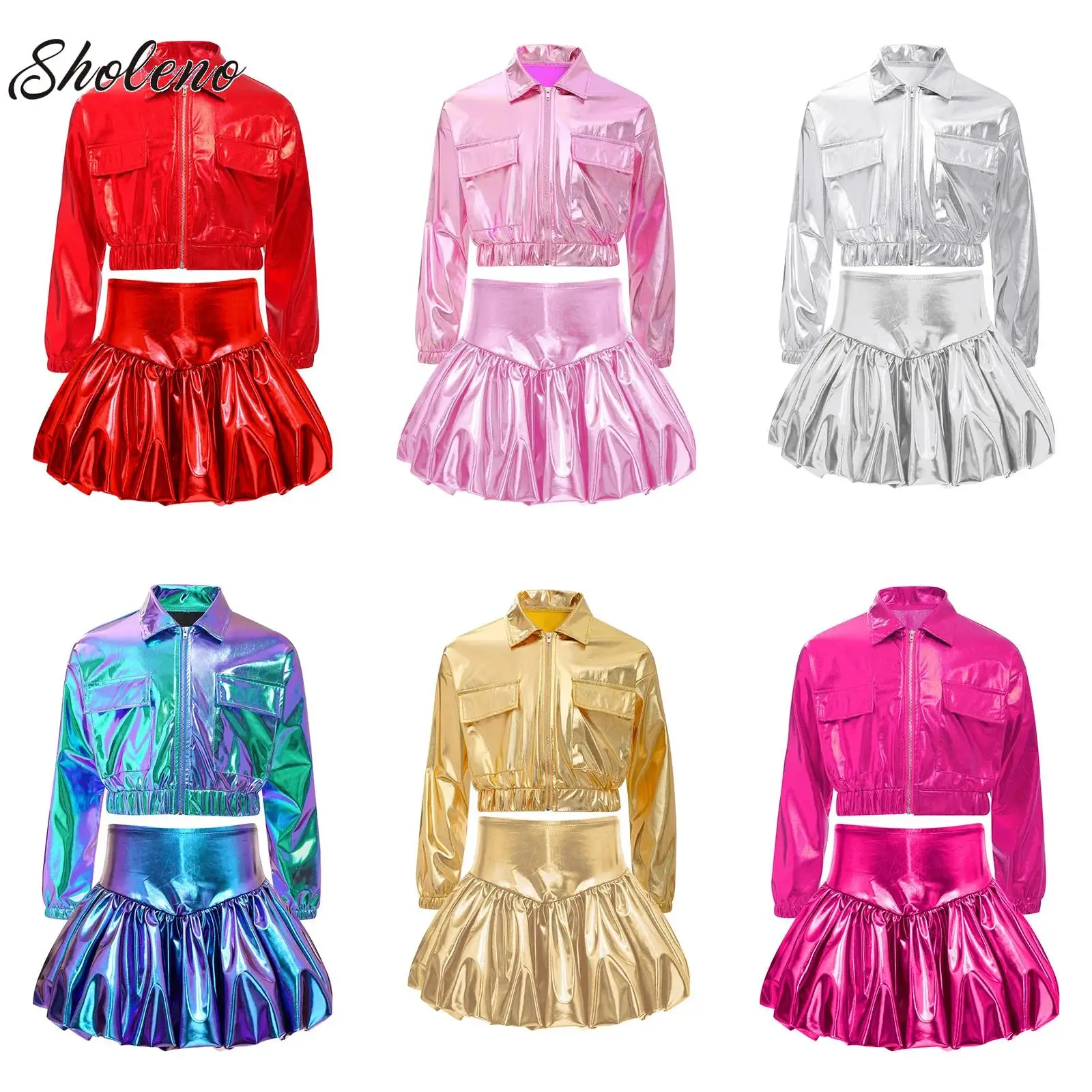 

Teen Sequin Jazz Dance Outfit Costume Shiny Metallic Crop Top/Jacket with Bubble Skirt School Basketball Cheerleading Costume