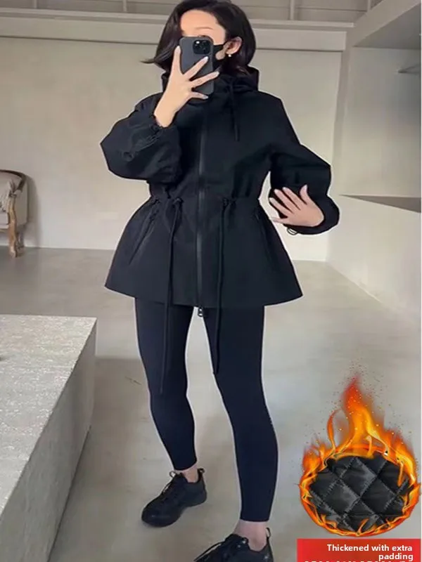 

Slimming Women's Hooded Jaet Autumn Winter Korean Sle Waist-Cinching Windbreaker Outerwear Commute Friendly Long Sve