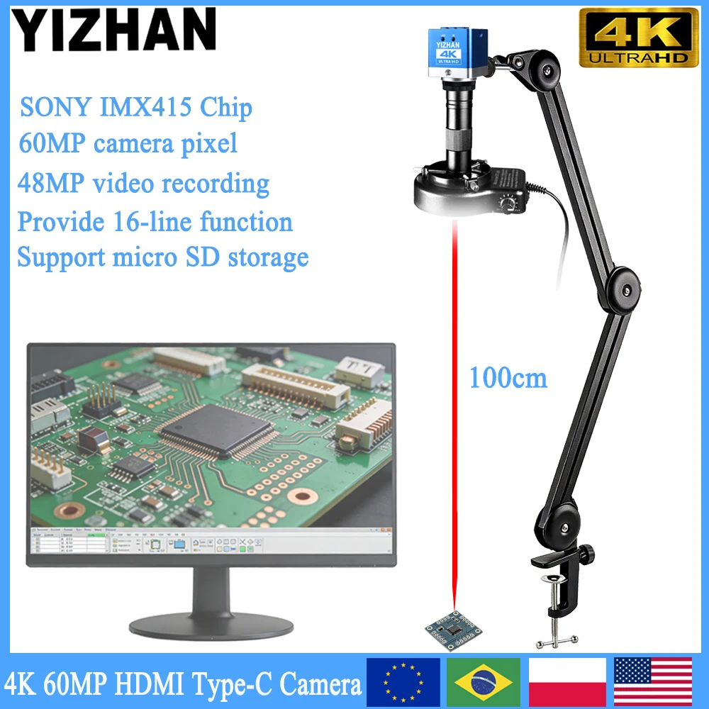 YIZHAN 60MP 4K UHD Elektronisches Videomikroskop HDMI Typ-C Löt-Mikroskopkamera 150X Zoom-Objektiv für Uhrenreparatur/Leiterplattenreparatur