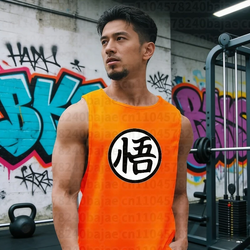 Japanisches Anime-Logo Wu-Schriftzug-Print Herren Fitness-Kleidung Schnelltrocknende Bodybuilding-Tanktops Muskelshirt Sportweste