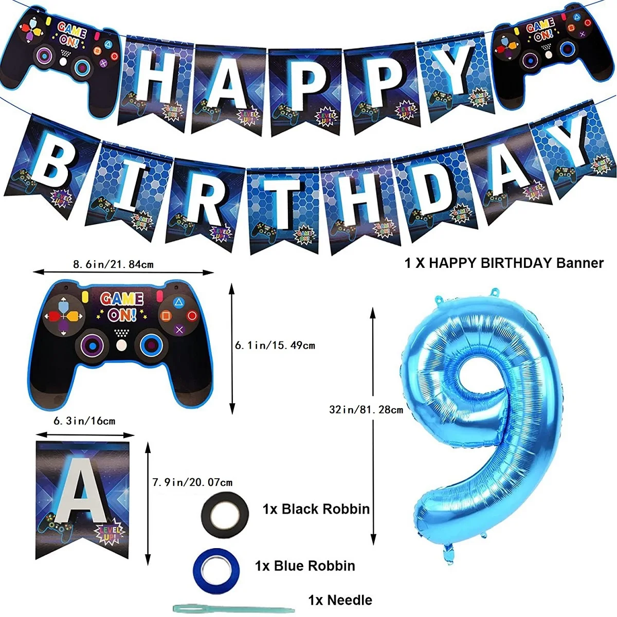 Blue Game Number 9 Birthday Theme Party Decoration Set Number Balloon Pull Flag Set