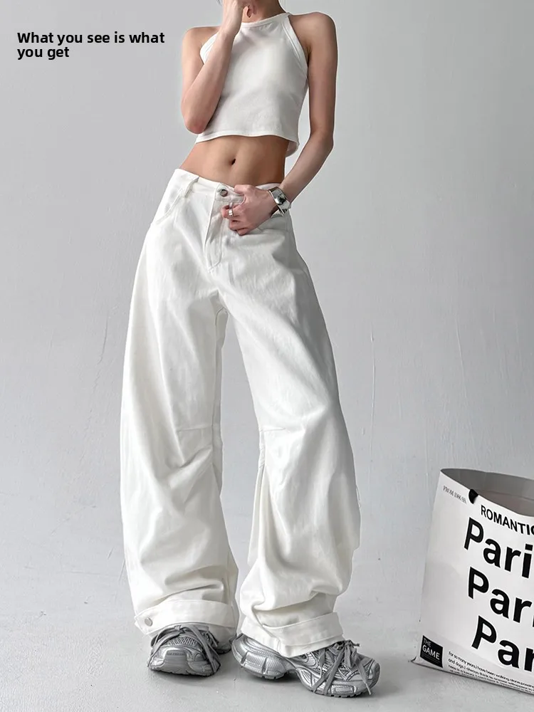 

Slimming Vintage Denim Jeans Women's Wide Leg Pants Summer New Sle Banana ape Casual Trousers High Waist Cotton Blend