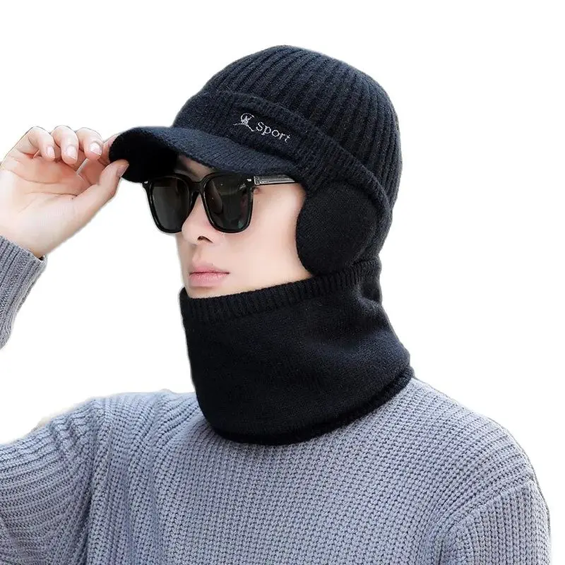 Men's Winter Hat Scarf Set Keep Ear Warm Knitted Visor Caps With Loop Scarf For Male Black Grey Blue