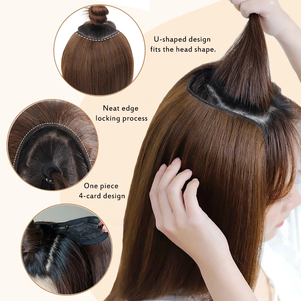 Olacare synthetische lange gerade U-förmige halbe Kopf perücke für Frauen schwarzbraune Clips in Haar verlängerung natürliche gefälschte Haar teile