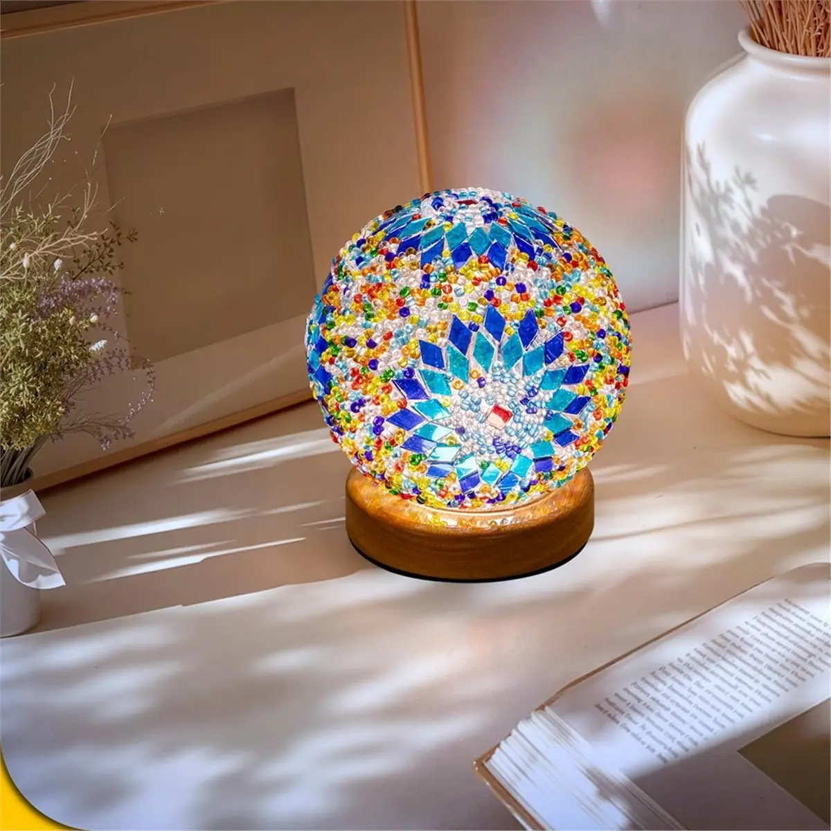

Turkish Mosaic Lamp, 3 Color Temperature Bedside Lamp with USB Power, Moroccan Glass Lantern Table Lamp for Room