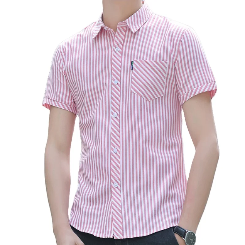 

Summer Men's Lapel Vertical Striped Short Sleeve Shirt Fashion Business Casual Slim Fit Handsome Half Sleeve Pockets Shirt