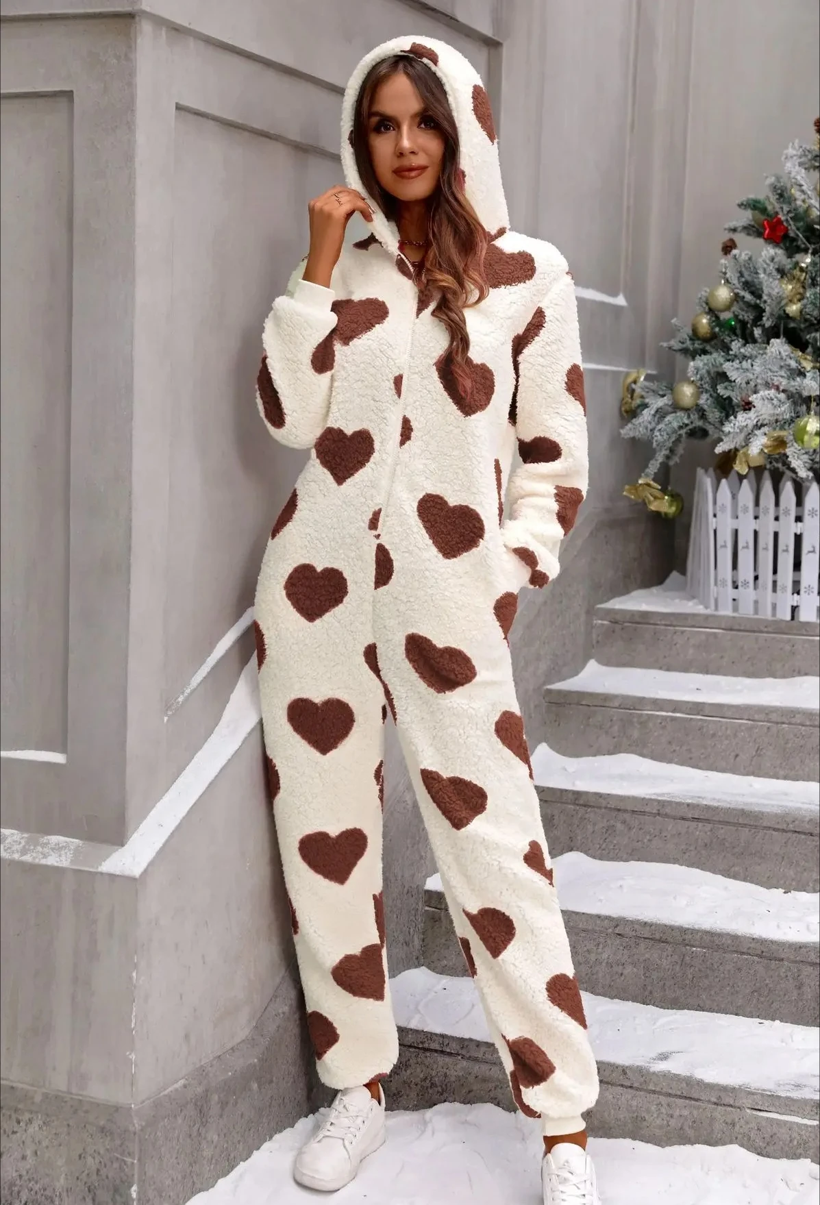

Women's Christmas Plush Romper Pajamas Heart Print Long Sleeve Jumpsuit Holiday Sleepwear