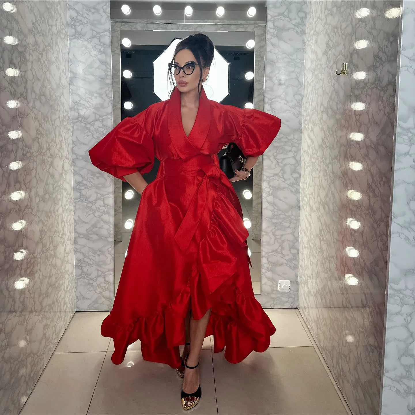 

Red Carpet Statement Dress Voluminous Wrap Maxi Dress with Ruffled Layers High Low Hem Red Satin Gown Party Wedding Evening Wear