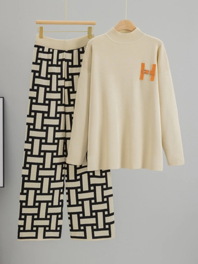 2025 New Simple Letter Knitted Loose T-shirt Sports and Leisure Wide Leg Pants Knitted Fashion Two Piece Set for Women