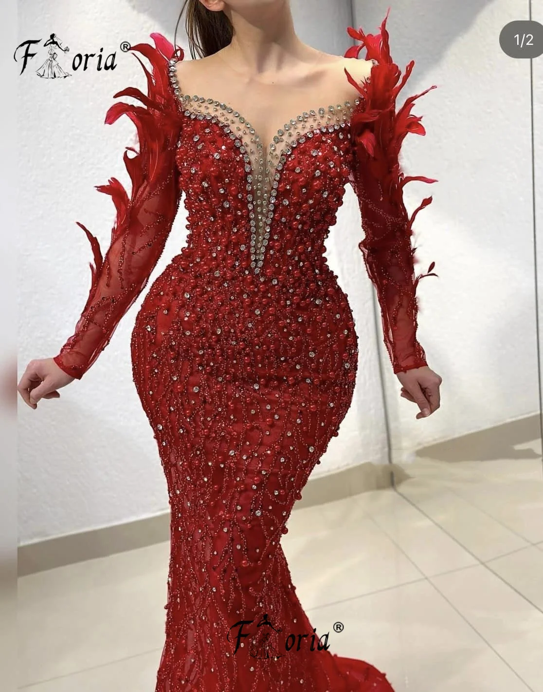 Luxury Red Mermaid Party Dresses Beaded Feathers Customized Evening Ceremony Dress Long Sleeve Prom vestidos de ocasión formales