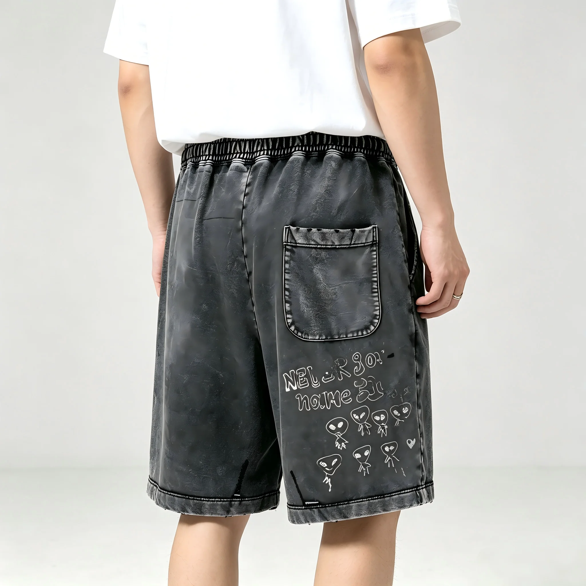 Vintage Washed Distressed Sweat Shorts Men Women Unisex American Streetwear Graffiti White Ink Digital Print Drawstring Elastic