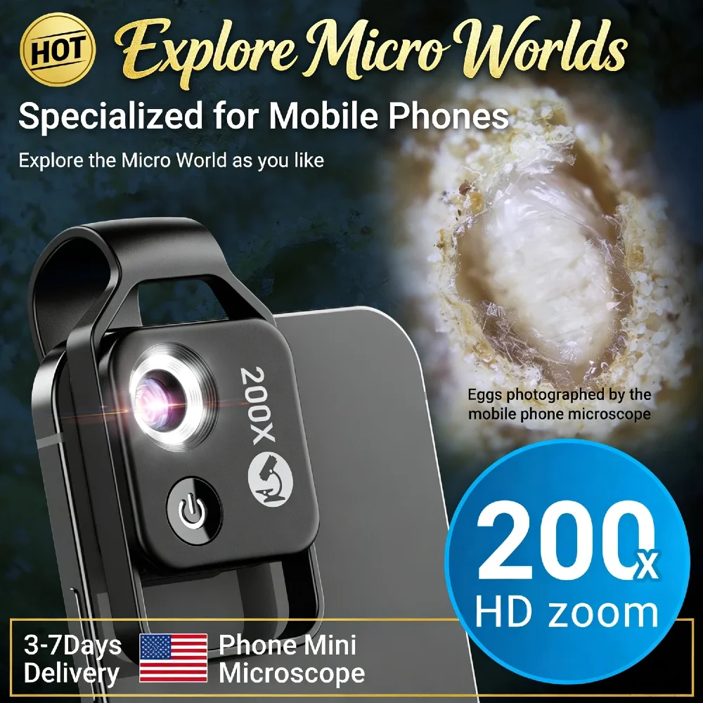

200X Portable Digital Microscope with LED Light/Universal Clip Magnification Microscope Lens USB-C Charging for Most Smartphone