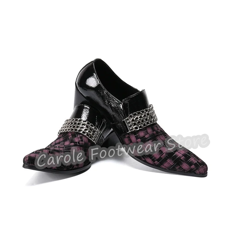 British Style Mixed Color High Top Chian Decor Mules Male Pointed Toe Chunky Heel Slip-On Derby Shoes Party Dress Loafers