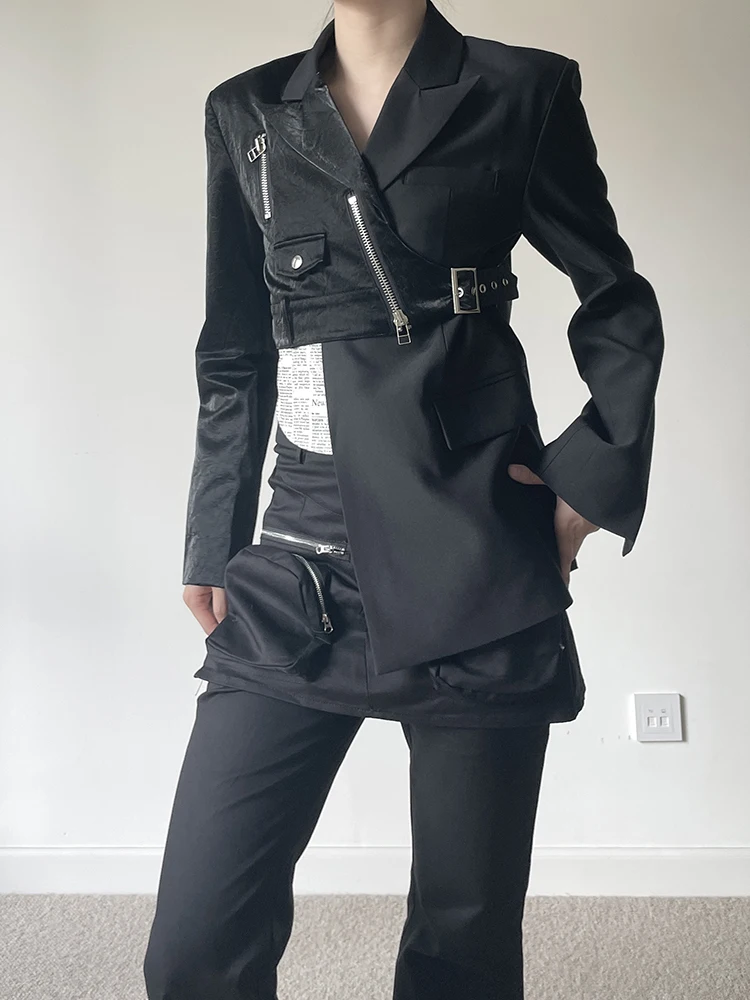 TWOTWINSTYLE Spliced Zipper Irregular Blazers For Women Notched Collar Long Sleeve Slimming Casual Coats Female Fashion Clothing