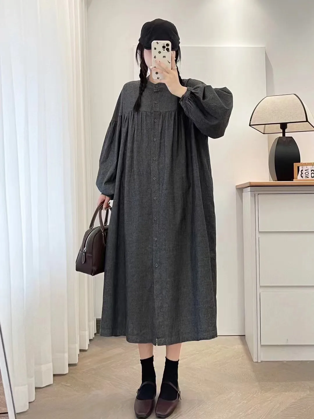 일본 빈티지 모리 소녀 솔리드 컬러 싱글 브레스트 셔츠 드레스 여성 가을 ​​스탠드 칼라 긴 랜턴 슬리브 캐주얼 드레스