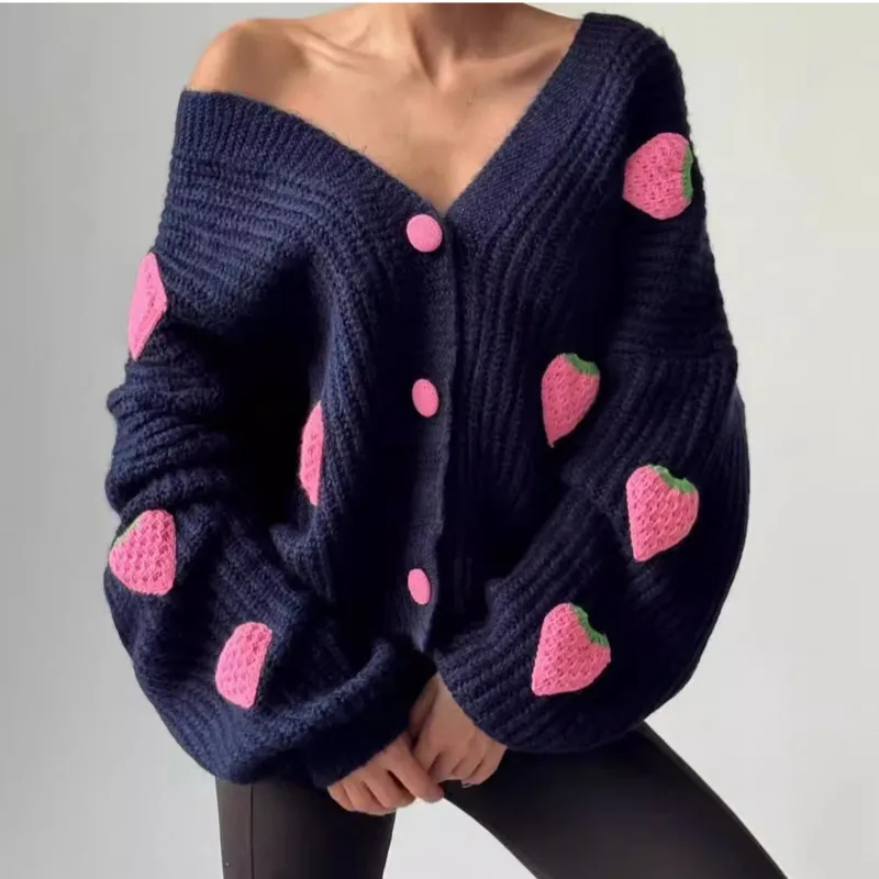 3D Heart Embroidered Long Sleeved Women's Jacket Fashionable V Neck Single Breasted Slim Fit Cardigan Casual Versatile Sweater