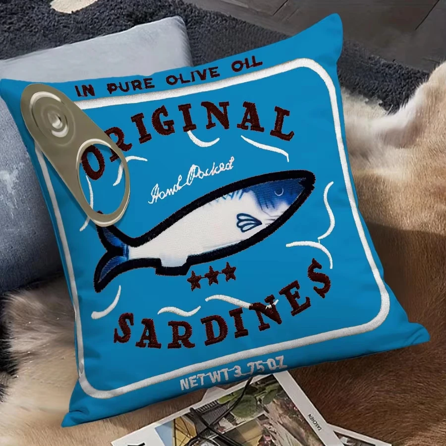 Funky Sardine Tin Decorative Pillowcase, Double Sided Polyester 2D Print Cushion for Industrial Retro Sofa Bedroom Home Decor