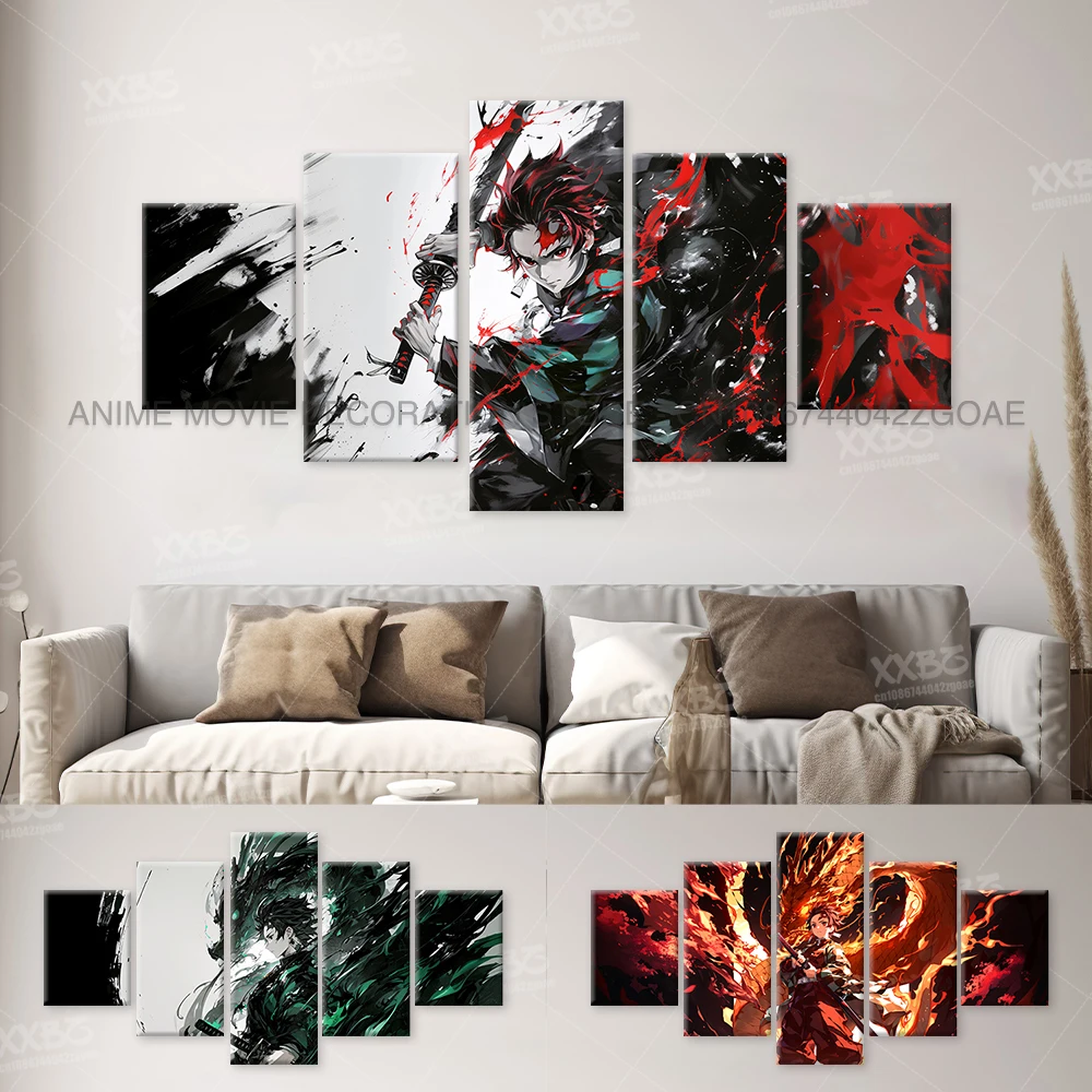 

5pcs Anime Home Decoration Canvas Painting Pictures Demon Slayer Kamado Tanjirou Character Wall Art Poster Room Frameless Mural