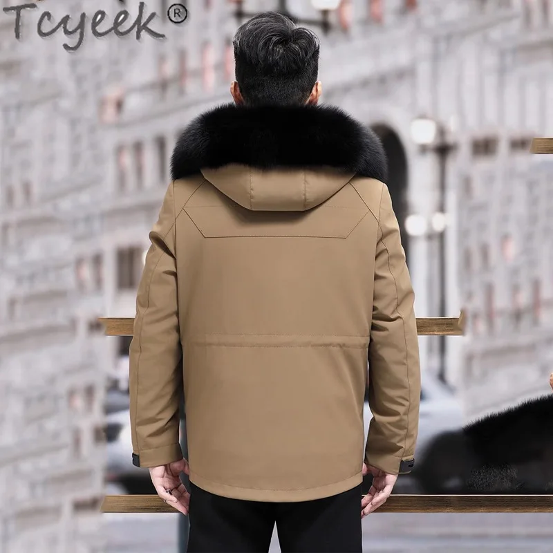 Tcyeek-Manteau en Fourrure de Vison Naturel pour Homme, Vestes d'Hiver, Parka Mi-Longue, Chaud, Col en Fourrure de Renard group, Casprogressif