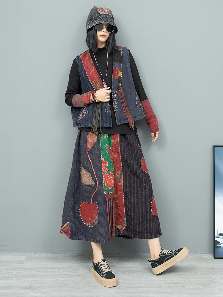 Ethnic Style Heavy Industry Hand Embroidered Old Cloth Cardigan Vest + Half Skirt Two-piece Set Women 2024 Autumn ZF215