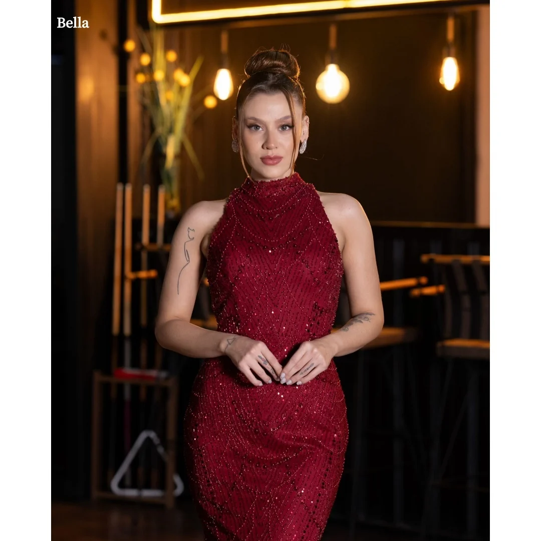 

Bella индивидуальное бордовое платье с бретелькой на шее, водолазка без рукавов, цельнокрое платье для выпускного вечера с пайетками, облегающие вечерние платья русалки, формальные платья 2025
