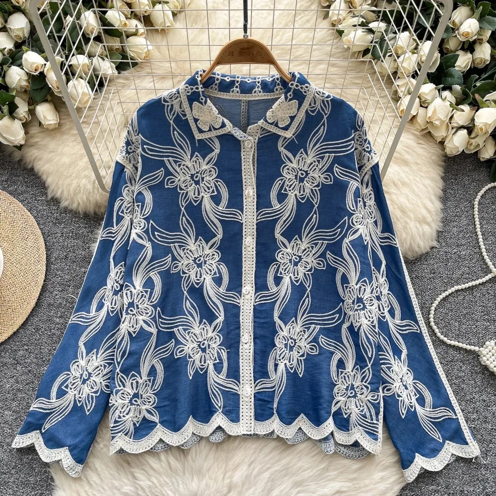 

vintage Casual chic Hook flower Embroidered Single Breasted Elegant blouse French Fashion spring women clothing