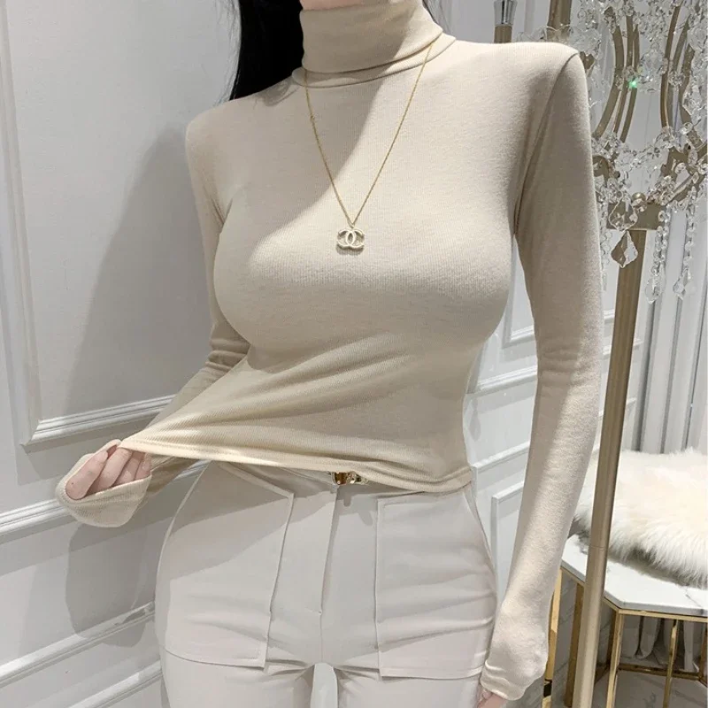 패션 여성 터틀넥 스트레치 티셔츠 여성 슬림 긴팔 티셔츠 단색 다용도 긴팔 티 섹시 크롭탑