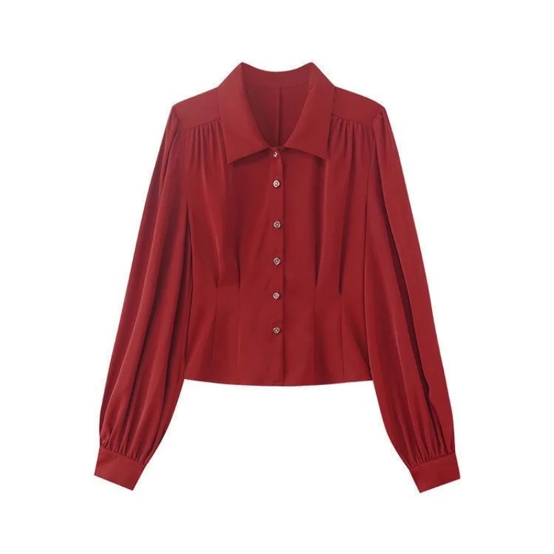 Shirts Women Vintage Red Ladies New Crop Lantern Sleeve Classic Casual Solid Simple All-match Fashion Autumn New Female Blouses