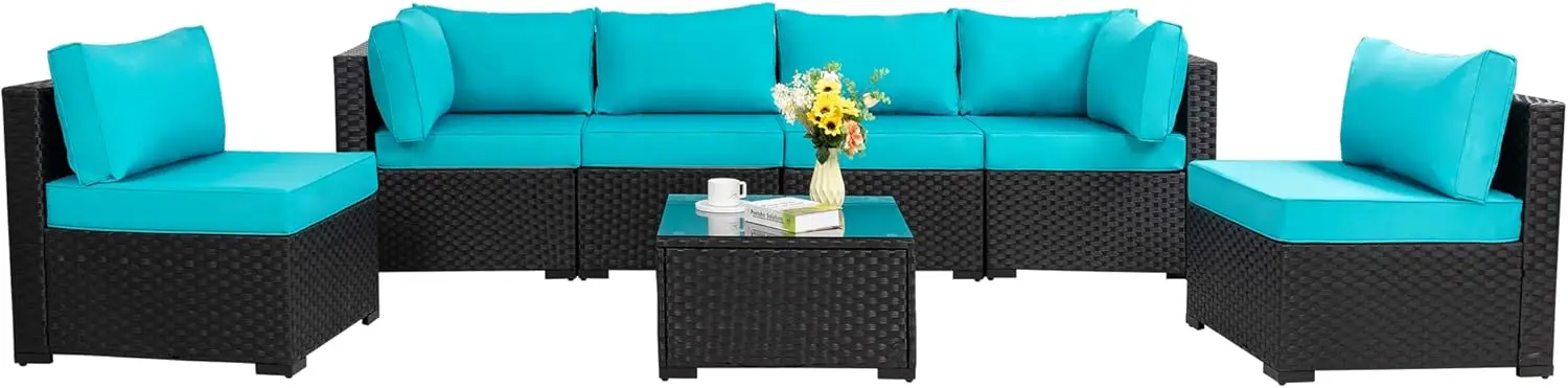 7 Pieces Outdoor Patio Sectional Sofa Couch, Black PE Wicker Furniture Conversation Sets with Washable Cushions & Gla