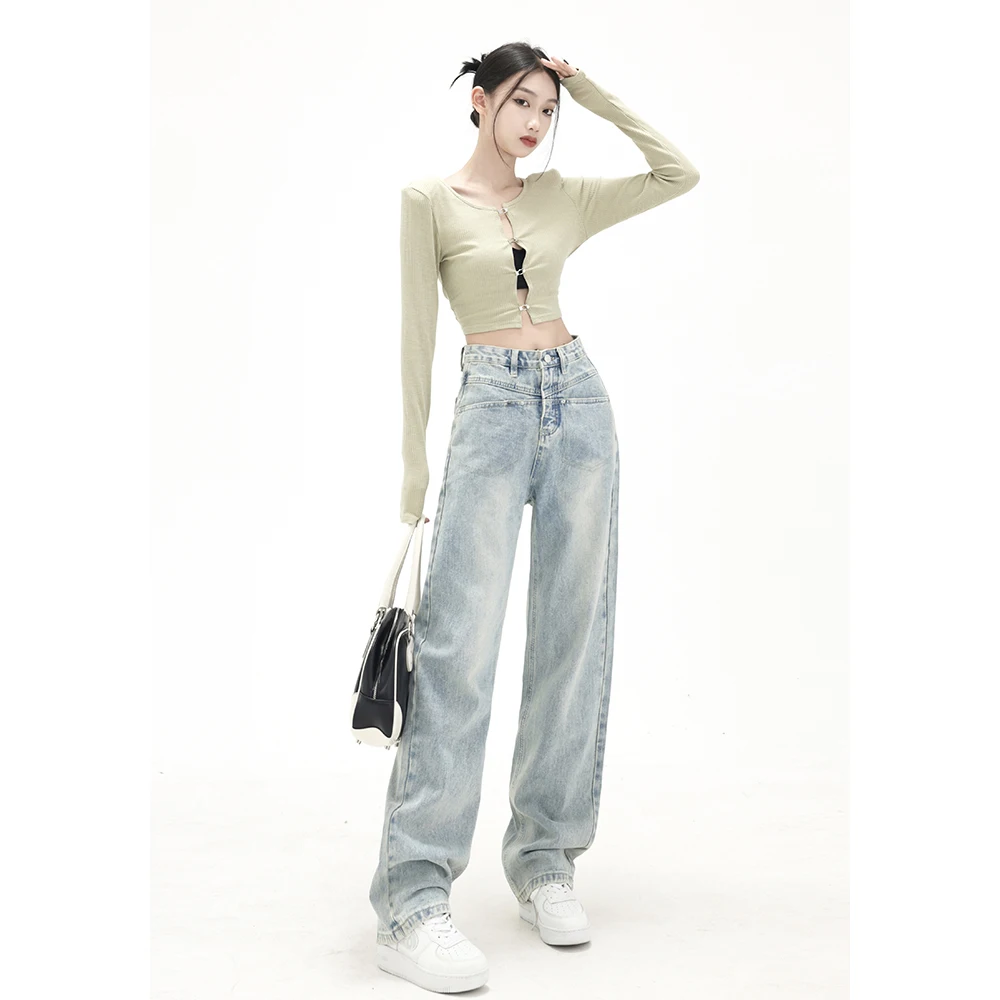 Straight Jeans Women High Waist Streetwear Light Blue Denim Pants Ladies Wide Leg Loose Jeans For Women 2024