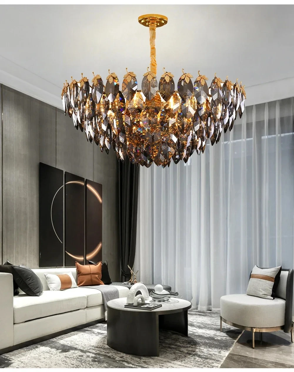 Modern Lustre Luxury Smokey Leaves  Crystal Ceiling Chandelier Light For Living Room Dining Room Hotel Lobby Decor Pendant Lamps