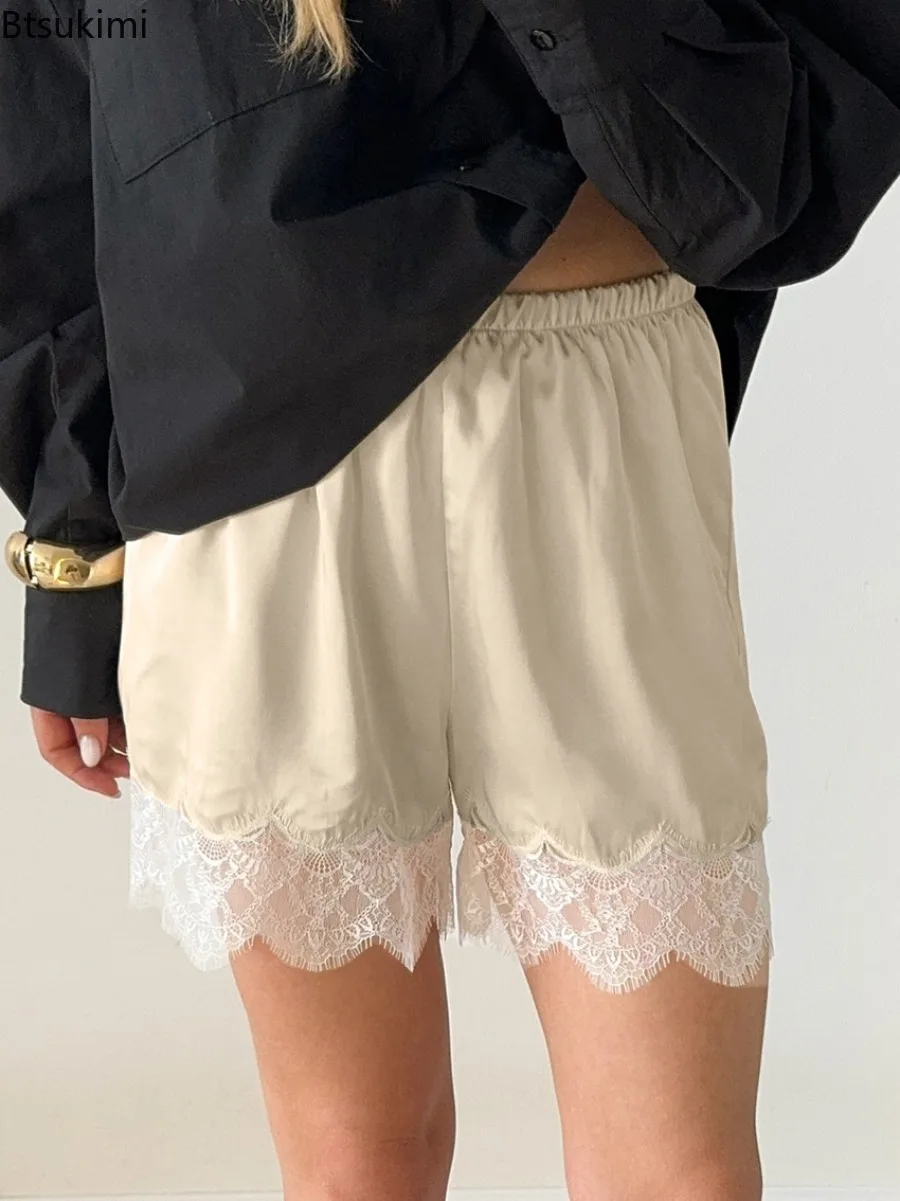 New Women Plain Lace Satin Shorts Elastic Waist Y2K Mini Shorts Fashion Casual Streetwear Summer Holiday Daily Boxer Slip Shorts