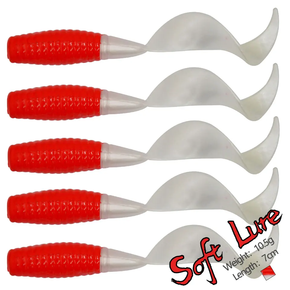 10PCS/LOT 7CM/10.5G Worm Red White Single Tail Soft Worm Plastic Fishing Lure Artificial Finesse Grub Swimming Bait