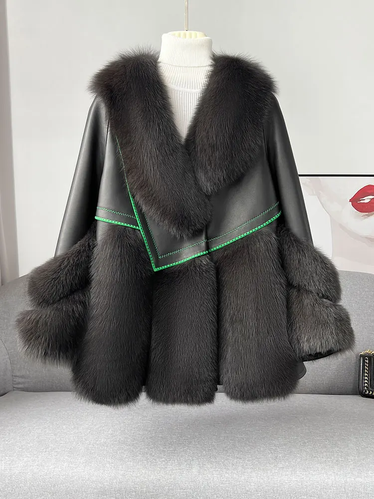 

2023 Women Natural Fox Fur Coat Design Jacket Winter Warm Duck Down Lining Genuine Leather Coat