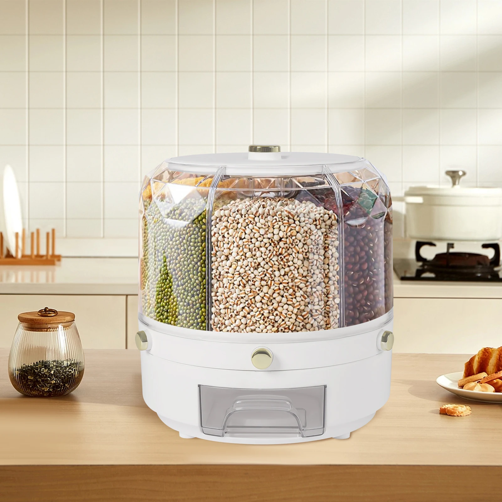 

Grain Storage Container Dispenser,Rice dispenser rotating,360° rotating food dispenser One-Click Output rice Storage Round Grai
