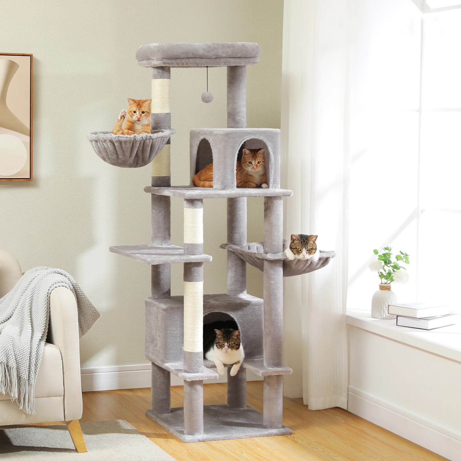 

168CM Tall Cat Tree with Cozy Condo Large Hammock Cat Tower with Sisal Scratching Post for Indoor Kittens Bed House Pet Cat Toys