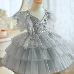 Fashion Girl Sequined Princess Layered Dress Elegant Tulle Ball Gown Wedding Party Kids Dresses for Girls Birthday Child Clothes
