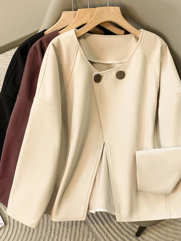 

Solid Color Woolen Short Coats For Women Daily Commuting All-matched Oversized Outerwear Winter Thick Warm Round Neck Jackets